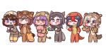  6+girls a-15_salamander animal_costume bird_costume blonde_hair blue_eyes blush blush_stickers braid brown_hair bulga camel_costume chibi closed_eyes e-16_talonfeather eyebrows_visible_through_hair grey_eyes hair_between_eyes hyena_costume jitome khan_the_swift last_origin lizard_costume long_hair multicolored_hair multiple_girls orange_eyes pillow purple_hair quick_camel raccoon_costume red_hair red_pupils salamander_costume sharp_teeth short_hair simple_background smile t-40_hyena t-75_werewolf teeth twin_braids two-tone_hair white_background wolf_costume 