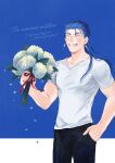  1boy alternate_costume blue_hair bouquet closed_mouth cowboy_shot cu_chulainn_(fate)_(all) earrings english_text fang fate/stay_night fate_(series) floating_hair flower grin hand_in_pocket happy_birthday highres holding holding_bouquet inamugi jewelry lancer long_hair male_focus muscular muscular_male pants ponytail ribbon shirt short_sleeves simple_background smile solo spiked_hair t-shirt v-neck 
