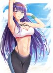  1girl abs armpits arms_behind_head bare_shoulders black_pants blue_eyes blush bra breasts cleavage collarbone eyewear_on_head fate/grand_order fate_(series) highres k-chitsu large_breasts long_hair looking_at_viewer martha_(fate) midriff navel pants purple_hair solo sports_bra sunglasses sweat underwear very_long_hair water white_bra wristband 