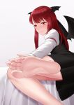  1girl absurdres bangs bare_legs barefoot bat_wings bed_sheet black_dress blush commentary_request dress eyebrows_visible_through_hair feet foot_focus foot_out_of_frame from_side greek_toe grey_background hand_on_own_foot head_wings highres koakuma leaning_to_the_side long_hair long_sleeves looking_at_viewer oirin puffy_sleeves red_eyes red_hair shadow shiny shiny_hair sidelocks simple_background soles solo toes touhou wings 