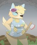  animal_crossing anthro audie_(animal_crossing) axe canid canine female fox grey_background hi_res makydeli_(artist) mammal melee_weapon murrlogic1 nintendo plant short_tail simple_background solo tree video_games weapon 