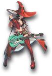  1girl arc_system_works belt belt_buckle bespectacled black_choker black_hair blue_eyes boots breasts buckle choker cleavage cropped_jacket electric_guitar fingernails full_body glasses grin guilty_gear guilty_gear_strive guitar hat hat_over_one_eye holding holding_instrument i-no instrument jacket large_breasts lips lipstick loose_belt makeup mole mole_above_mouth navel official_art partially_unbuttoned platform_boots red_footwear red_headwear red_jacket red_shorts rimless_eyewear short_hair short_shorts shorts showgirl_skirt smile solo standing strap thigh_boots thighhighs transparent_background witch_hat 