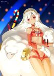  1girl altera_(fate) altera_the_santa_(fate) bangs bare_shoulders blush bra breasts candy candy_cane choker collarbone dark_skin dark_skinned_female earmuffs fate/grand_order fate_(series) food full_body_tattoo highres looking_at_viewer open_mouth red_bra red_eyes sheep short_hair small_breasts staff tattoo thighs underwear veil white_hair white_mittens zenshin 
