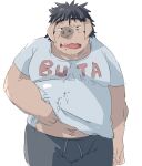  2021 anthro belly black_hair bottomwear bulge clothing domestic_pig hair hi_res kemono male mammal overweight overweight_male pants shirt simple_background solo suid suina sus_(pig) topwear train_(artist) white_background 