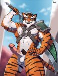  2019 4_fingers abs anthro balls belly biceps black_stripes erection eyebrows felid fingers fur genitals hi_res kraidhiel male mammal melee_weapon mostly_nude muscular muscular_male orange_body orange_fur outside paladins pantherine pecs penis pubes purple_eyes scar shoulder_pads signature smile solo straps stripes sword thick_eyebrows tiberius_(paladins) tiger triceps vein veiny_penis weapon white_belly 