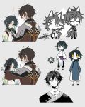  2boys =3 ahoge animal_ears arm_tattoo asymmetrical_clothes bangs bead_necklace beads black_hair brown_hair chibi chinese_clothes closed_eyes closed_mouth crossed_arms eyeshadow facial_mark forehead_mark genshin_impact gradient_hair grey_background hair_between_eyes holding holding_weapon jacket jewelry long_hair long_sleeves makeup male_focus multicolored_hair multiple_boys multiple_views necklace polearm ponytail red_eyeshadow simple_background single_earring sketch skk sleeveless spear tail tattoo weapon xiao_(genshin_impact) yellow_eyes zhongli_(genshin_impact) 