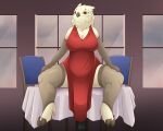  anthro armwear avian bird breasts chair cleavage clothed clothing dress elbow_gloves female fluffy footwear front_view furniture gloves halu handwear hi_res legwear light owl red_eyes sitting socks solo table tali(halu) thigh_highs white_body window 