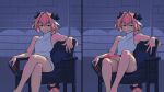  1boy armpits astolfo_(fate) astolfo_monster_cosplay_(meme) bare_legs bare_shoulders black_bow black_eyes bow brick_wall can chair closed_mouth crossed_legs duplicate energy_drink fang fate/grand_order fate_(series) hair_bow highres holding holding_can large_penis long_hair monster_energy multicolored multicolored_hair otoko_no_ko penis pink_hair sitting skin_fang smile w white_hair xbost 
