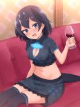  1girl :d absurdres adapted_costume black_hair black_legwear black_skirt blue_eyes blush cleavage_cutout clothing_cutout commentary couch crop_top cup drinking_glass drunk frilled_skirt frills greater_lophorina_(kemono_friends) head_tilt head_wings highres holding holding_cup indoors kemono_friends looking_at_viewer midriff mouth_drool navel open_mouth shiraha_maru short_hair short_sleeves sitting skirt smile solo tail thighhighs wine_glass 