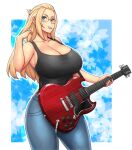  1girl bangs_pinned_back black_tank_top blonde_hair blue_background blue_eyes border borrowed_character breasts cable cleavage collarbone curvy denim electric_guitar english_commentary erkaz floral_background forehead glasses guitar hair_flip highres holding holding_instrument huge_breasts inne_sulistya_robin instrument jeans long_hair mouth_hold no_bra original outline outside_border pants plectrum plectrum_in_mouth rimless_eyewear shirt solo standing tank_top taut_clothes taut_shirt white_border 