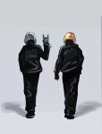  2boys \n/ absurdres black_pants copyright_name daft_punk from_behind guy-manuel_de_homem-christo hand_up helmet highres jacket leather leather_jacket multiple_boys pants piku184 shadow simple_background symbolism thomas_bangalter walking walking_away white_background 