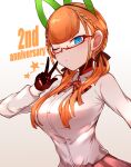  absurdres andou_inari anniversary blue_eyes bow braid breasts choumi_wuti_(xueye_fanmang_zhong) dual_wielding fox_girl glasses highres holding joints large_breasts long_hair nijisanji orange_hair paws robot_ears robot_joints star uniform v virtual_youtuber virtuareal white_background 