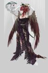  1girl bandaged_arm bandaged_hand bandages bare_shoulders commentary creature feathered_wings feathers full_body hair_ornament halo highres holding holding_pipe japanese_clothes long_sleeves off_shoulder original pipe red_eyes red_hair red_wings sheath sheathed smoke smoking sword toriseka torn_wings weapon wide_sleeves wings 