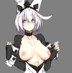  10mo 1girl ahoge areolae blue_eyes blush bracelet breasts collar collarbone elphelt_valentine grey_background guilty_gear guilty_gear_xrd hair_between_eyes highres inverted_nipples jewelry large_breasts nipples open_mouth pulled_by_self simple_background solo spiked_bracelet spikes upper_body 