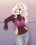  2021 5_fingers ailurid anthro breasts clothing digital_media_(artwork) eyebrows eyelashes female fingers freckles green_eyes hair hi_res leaning_on_wall mammal midriff navel nipples red_panda solo tammy_(catnamedfish) thecatnamedfish translucent translucent_clothing white_hair 