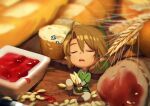  1boy ahoge blonde_hair blue_eyes bread brown_footwear brown_gloves chibi food gloves green_headwear hair_between_eyes hat holding jam link male_focus mimme_(haenakk7) pointy_ears seed sitting solo the_legend_of_zelda wheat zzz 