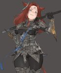  1girl animal_ears armor blue_eyes brown_hair cat_ears cat_tail earrings facial_mark fang final_fantasy final_fantasy_xiv greaves grey_background hand_on_hip highres holding holding_weapon jewelry light_blue_eyes long_hair miqo&#039;te n9+ over_shoulder pauldrons shoulder_armor simple_background skin_fang smile solo spikes tail tight vambraces weapon weapon_over_shoulder whisker_markings 