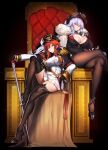  2girls azur_lane bangs black_gloves braid breasts cape cleavage cleavage_cutout clothing_cutout crossed_legs eyebrows_visible_through_hair french_braid fur_collar fur_trim gem gloves graf_zeppelin_(azur_lane) hair_between_eyes hat high_heels highres holding holding_staff jacket large_breasts long_hair military military_hat military_uniform miniskirt monarch_(azur_lane) multiple_girls pantyhose pleated_skirt purple_eyes raiou red_eyes red_hair ruby_(gemstone) silver_hair sitting skirt staff thigh_gap thighhighs thighs throne uniform white_jacket white_skirt zettai_ryouiki 