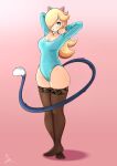  absurdres animal_ears arms_behind_back arms_up bell blonde_hair blue_eyes blue_leotard blush breasts cat_ears cat_tail hair_over_one_eye highres jewelry laceysx leotard lips lipstick long_hair long_tail makeup mario_(series) md5_mismatch medium_breasts necklace rosalina tail thick_thighs thighhighs thighs 