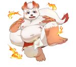  2021 anthro belly blue_eyes bottomwear bulge clothing fur hi_res horn humanoid_hands kemono loincloth male mammal moobs morian_xs navel nipples overweight overweight_male scar simple_background solo white_background white_body white_fur 