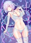  1girl absurdres bangs bare_shoulders blush breasts cleavage collarbone commentary fate/grand_order fate_(series) hair_over_one_eye highres large_breasts light_purple_hair looking_at_viewer mash_kyrielight navel panties purple_eyes saise_chisa short_hair thighhighs underwear 