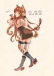  1girl animal_ears bangs beige_background black_skirt blunt_bangs brown_hair cat_day cat_ears cat_tail commentary_request full_body green_eyes helena_(kancolle) highres kantai_collection kemonomimi_mode long_hair looking_at_viewer military military_uniform paw_pose rudder_footwear simple_background skirt solo striped striped_legwear tail thighhighs uniform wss_(nicoseiga19993411) 