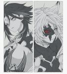  2boys animal_ears armor bangs bead_necklace beads closed_mouth erune eyeshadow facial_mark forehead_mark genshin_impact granblue_fantasy greyscale half_mask holding holding_mask jewelry makeup male_focus mask monochrome multiple_boys necklace parted_lips red_eyeshadow simple_background six_(granblue_fantasy) skk spot_color upper_body xiao_(genshin_impact) 