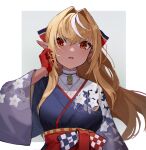  1girl absurdres blonde_hair blue_background blue_kimono bow breasts checkered commentary dark_skin dark_skinned_female dre floral_print gloves hair_between_eyes hair_bow hand_in_hair highres hololive japanese_clothes kimono long_hair looking_at_viewer medium_breasts multicolored_hair obi official_alternate_costume open_mouth pointy_ears red_gloves sash shiranui_flare simple_background solo streaked_hair two-tone_hair upper_body virtual_youtuber white_background white_hair wide_sleeves 