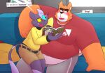  2021 anthro blush book canid canine canis domestic_cat domestic_dog duo english_text felid feline felis fur furniture humanoid_hands lars_(the_human_heart) leonthelionel male mammal orange_body orange_fur overweight overweight_male purple_body purple_fur rorik_(the_human_heart) sitting sofa text the_human_heart_(game) video_games visual_novel 