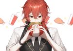  1boy bangs blush covered_mouth cup diluc_(genshin_impact) disposable_cup drinking_straw eating food genshin_impact hair_between_eyes hair_ribbon hamburger highres holding holding_food kkopoli lettuce long_hair looking_at_viewer male_focus necktie red_eyes red_hair ribbon simple_background sleeves_rolled_up solo star_(symbol) turkey_(food) wrapper 
