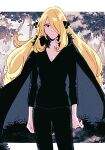  1girl black_cape black_pants black_shirt blonde_hair breasts cape cleavage clenched_hand cynthia_(pokemon) film_grain fur_trim hair_ornament hair_over_one_eye highres long_hair mope pants poke_ball pokemon pokemon_(game) pokemon_dppt sepia_background shirt tree v-neck wavy_hair 