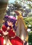  1girl artist_name backlighting column day dragon_wings dress fire_emblem fire_emblem:_the_sacred_stones fire_emblem_heroes flower forest kero_sweet light_particles light_rays looking_at_viewer myrrh_(fire_emblem) nature pillar purple_hair red_dress rose shawl sunbeam sunlight tree tree_branch twintails white_dress wings wristlet 