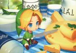  1boy blonde_hair blue_eyes chibi food green_headwear hat link male_focus mimme_(haenakk7) phrygian_cap pointy_ears solo the_legend_of_zelda 