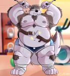  2021 absurd_res anthro bottomwear canid canine canis clothing darkerlestad666 hi_res horkeukamui humanoid_hands male mammal moobs nipples obese obese_male overweight overweight_male shorts solo tokyo_afterschool_summoners video_games wolf 