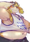  2021 absurd_res anthro belly blush bottomwear brown_body brown_fur bulge canid canine canis chiro_(artist) clothing domestic_dog english_text fur hi_res hisaki_(live-a-hero) kemono live-a-hero male mammal overweight overweight_male pants shirt simple_background solo text text_on_clothing text_on_shirt text_on_tank_top text_on_topwear topwear video_games white_background 