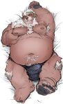  2021 absurd_res anthro armpit_hair balls barely_visible_balls barely_visible_genitalia belly body_hair bottomwear brown_body brown_fur bulge clothing fur genitals hi_res iwbsb_kuma kemono kimun_kamui_(tas) loincloth lying male mammal moobs navel nipples obese obese_male overweight overweight_male solo tokyo_afterschool_summoners ursid video_games 
