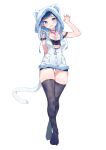  1girl absurdres animal_ears animal_hood bandeau bangs bare_shoulders black_legwear blue_eyes blue_hair blush breasts cat_ears cat_hood cat_tail cheli_(kso1564) claw_pose collarbone commentary_request crossed_legs eyebrows_visible_through_hair fingernails full_body fur-trimmed_jacket fur_trim grey_nails grin hand_up head_tilt highres hood hood_up hooded_jacket jacket jewelry long_fingernails looking_at_viewer medium_breasts mole mole_on_neck mole_under_mouth nail_polish no_shoes original pendant sharp_fingernails simple_background smile solo standing tail thighhighs watson_cross white_background white_jacket 