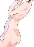  1girl ass back black_hair breasts character_request covered_nipples dimples_of_venus from_behind hand_up head_out_of_frame highres hiiragi_yuuichi holding holding_towel kaguya-sama_wa_kokurasetai_~tensai-tachi_no_renai_zunousen~ large_breasts looking_back naked_towel nude shinomiya_kaguya solo standing towel white_background white_towel 