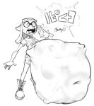  abdominal_bulge after_vore belly big_belly bottomwear burping cephalopod clothing female footwear group humanoid inkling marine mollusk monochrome nintendo overweight shirt shoes shorts simple_background splatoon text topwear verybatty video_games vore white_background 