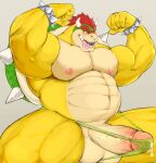  anthro balls big_muscles big_penis blush bodily_fluids bowser clothing erection flexing genital_fluids genitals hair hi_res horn humanoid_genitalia humanoid_penis koopa male mario_bros musclegut muscular muscular_anthro muscular_male nintendo nipples pecs penis precum precum_through_clothing red_hair scalie shell simple_background solo spikes thedragonred12 thong tongue tongue_out underwear video_games wet wet_clothing yellow_body 
