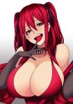  1girl absurdres aka_noju bare_shoulders black_neckwear breasts camui_kamui cleavage dress elbow_gloves eyebrows eyebrows_visible_through_hair eyes_visible_through_hair finger_licking gesugao gloves highres jewelry large_breasts licking looking_at_viewer looking_to_the_side neckwear original red_dress red_eyes red_hair tongue twintails white_background 