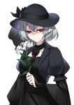  1girl black_dress black_sash circle_cut closed_mouth commentary cowboy_shot cravat dress flower grey_hair grey_headwear hat highres holding holding_flower long_sleeves looking_at_viewer medium_hair pointy_ears puffy_short_sleeves puffy_sleeves red_eyes remilia_scarlet sash short_over_long_sleeves short_sleeves shukusuri simple_background solo touhou white_background white_flower wide_sleeves 