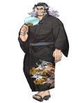  1boy arm_at_side bara beard black_kimono brown_eyes daikoku_(tokyo_houkago_summoners) facial_hair fan forked_eyebrows full_body highres holding holding_fan japanese_clothes kimono looking_at_viewer lostdog121 male_focus multicolored_hair mustache mutton_chops sandals short_hair sideburns simple_background solo thick_eyebrows tokyo_houkago_summoners two-tone_hair white_background white_hair 