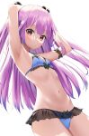  1girl arm_strap armpits arms_up bare_arms bare_shoulders bikini blue_bikini cowboy_shot flat_chest frilled_bikini frills hair_ribbon highres hololive k_mugura long_hair looking_at_viewer navel purple_hair red_eyes ribbon simple_background solo stomach string_bikini swimsuit thighs two_side_up uruha_rushia virtual_youtuber white_background 