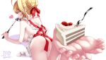  1girl ahoge apron ass back bangs bare_shoulders blonde_hair blush braid breasts cake fate/extra fate_(series) feet food fork french_braid fruit green_eyes hair_between_eyes hair_bun hair_intakes highres ladle large_breasts long_hair looking_at_viewer looking_back lying naked_apron nero_claudius_(fate) nero_claudius_(fate)_(all) on_stomach perspective soles strawberry suryua toes white_apron 