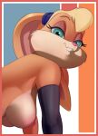  armwear border breasts clothing colored eyebrows eyelashes eyewear female fur hair hi_res lagomorph leporid lola_bunny looking_at_viewer looney_tunes mammal nipples rabbit red_border saransaran shaded side_boob side_view simple_background smile solo space_jam teeth warner_brothers 