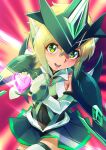  1000 1girl :d akatsuki_kirika armor bangs blonde_hair covered_navel elbow_gloves gloves green_eyes green_skirt hair_between_eyes heart heart_hands looking_at_viewer medium_hair miniskirt open_mouth pleated_skirt senki_zesshou_symphogear shiny shiny_hair shoulder_armor skirt smile solo thighhighs white_legwear zettai_ryouiki 