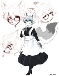 2020 absurd_res anthro blue_eyes blush bodily_fluids breasts canid canine clothed clothing ear_tuft eyes_closed eyewear female fingers fluffy fluffy_tail footwear fox fully_clothed glasses hi_res kemono maid_uniform mammal ressue shoes simple_background snout solo standing sweat teeth tongue tuft uniform white_background 