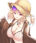  1girl animal_ear_fluff animal_ears aqua_nails arknights bangs bikini bracelet braid breasts brown_hair cat_ears cleavage collarbone commentary_request eyewear_on_head grey_bikini hat jewelry large_breasts looking_at_viewer magenta_eyes necklace official_alternate_costume side_braid simple_background smile solo striped sun_hat sunglasses swimsuit tokoi upper_body utage_(arknights) utage_(summer_flowers)_(arknights) vertical-striped_bikini vertical_stripes white_background 