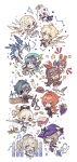 4boys 6+girls absurdres aether_(genshin_impact) alcohol amber_(genshin_impact) bangs barbara_(genshin_impact) baron_bunny_(genshin_impact) beer_mug bird black_hair blonde_hair blue_hair book bottle bow brown_hair chibi closed_mouth crossed_arms cup dandelion dark_skin dark_skinned_male diluc_(genshin_impact) dvalin_(genshin_impact) eyepatch flower food fruit genshin_impact grapes hair_between_eyes hair_bow halo hat highres holding holding_sword holding_weapon honeymilk0252 instrument jacket jean_gunnhildr_(genshin_impact) kaeya_(genshin_impact) lisa_(genshin_impact) long_hair lumine_(genshin_impact) lyre mug multiple_boys multiple_girls musical_note one_eye_closed open_mouth paimon_(genshin_impact) pants petals ponytail red_hair scarf short_hair_with_long_locks simple_background star_(symbol) stool sword teacup teapot venti_(genshin_impact) weapon white_background white_flower white_hair wings witch_hat 
